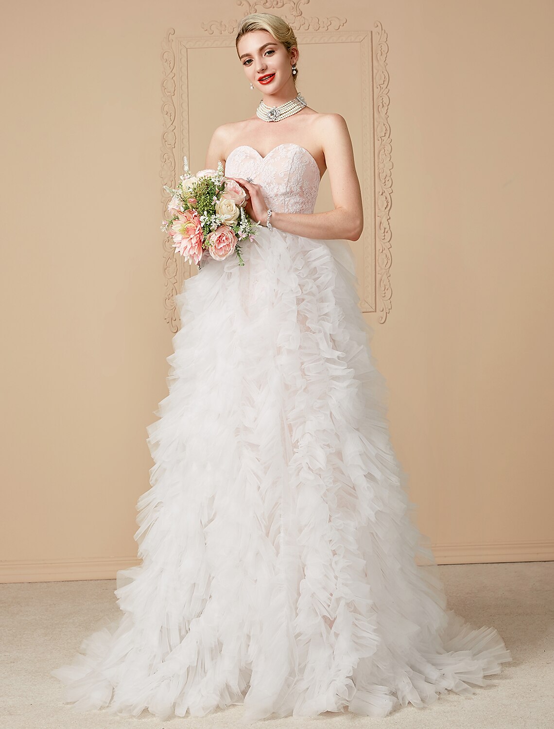A-Line Wedding Dresses Sweetheart Neckline Sweep / Brush Train Tulle Over Lace Sleeveless Wedding Dress in Color Open Back with Sashes / Ribbons / Removable train