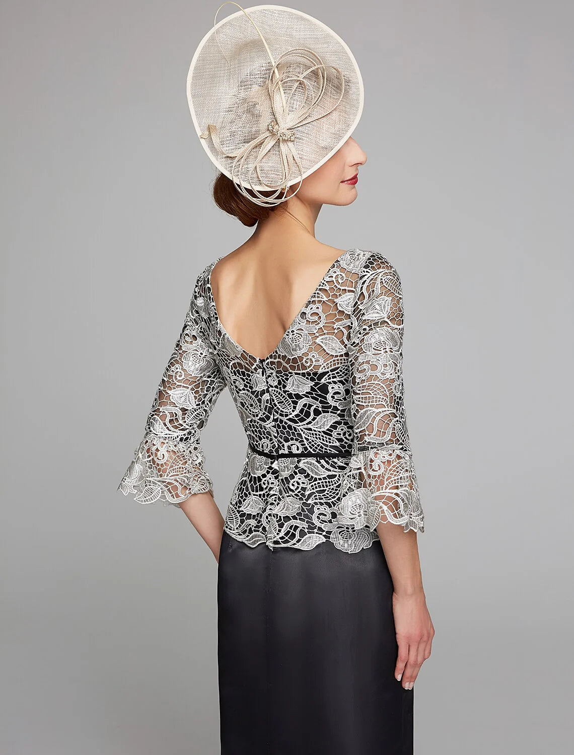 DingjiSheath / Column Mother of the Bride Dress Jewel Neck Floor Length Satin Lace 3/4 Length Sleeve with Lace