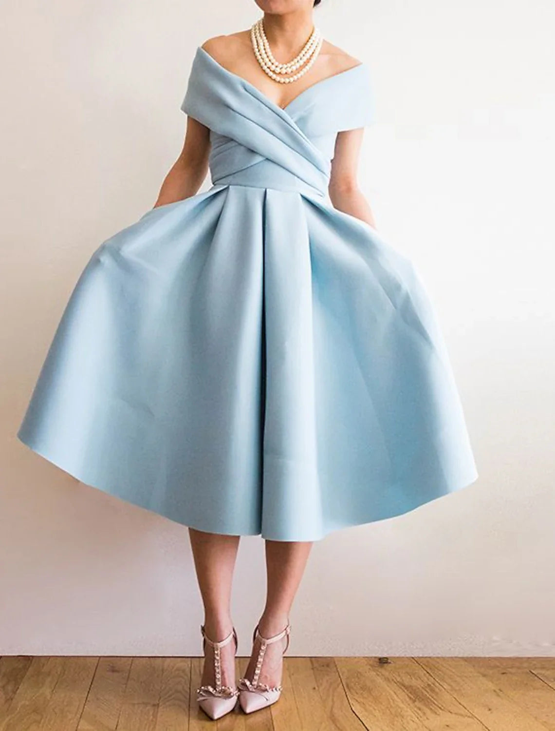 DingjiA-Line Wedding Guest Party Dress Vintage Dress Summer Semi Formal Tea Length Sleeveless Off Shoulder Satin with Ruched