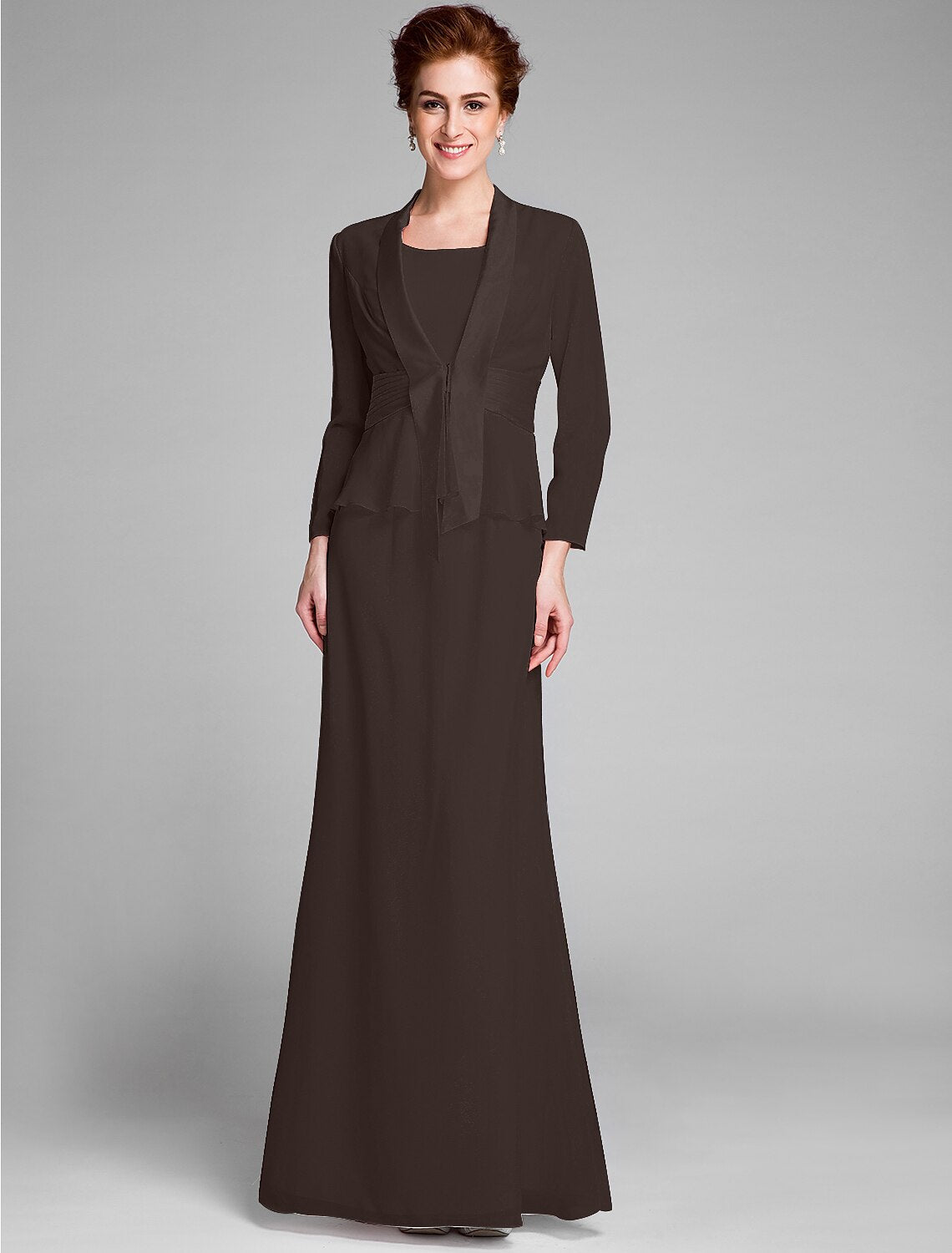 Mermaid / Trumpet Mother of the Bride Dress Convertible Dress Scoop Neck Floor Length Chiffon Long Sleeve Wrap Included with Sash / Ribbon
