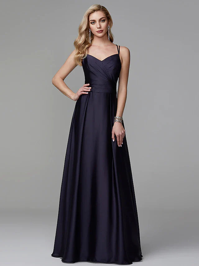 A-Line Prom Dresses Beautiful Back Dress Evening Party Floor Length Sleeveless Spaghetti Strap Satin Crisscross Back with Beading Side Draping