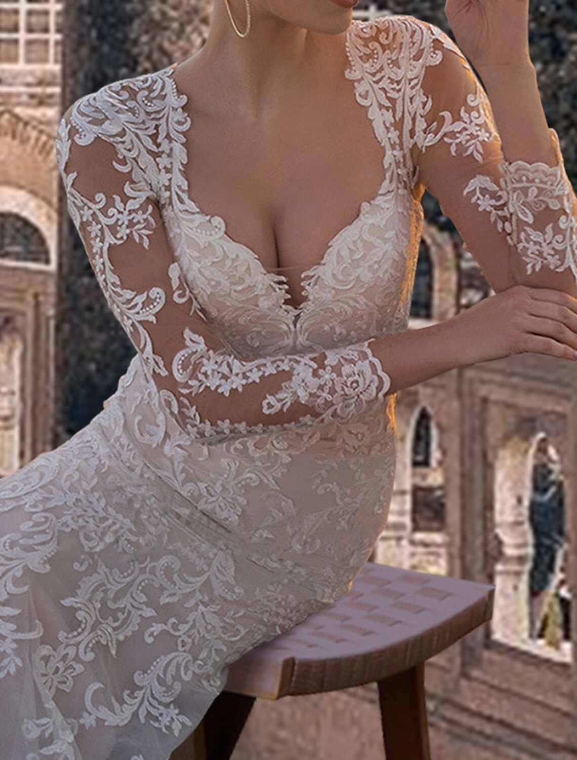 Formal Fall Wedding Dresses Mermaid / Trumpet Square Neck Sweetheart Open Back Long Sleeve Court Train Lace Bridal Gowns With Appliques Summer Wedding Party, Women‘s Clothing