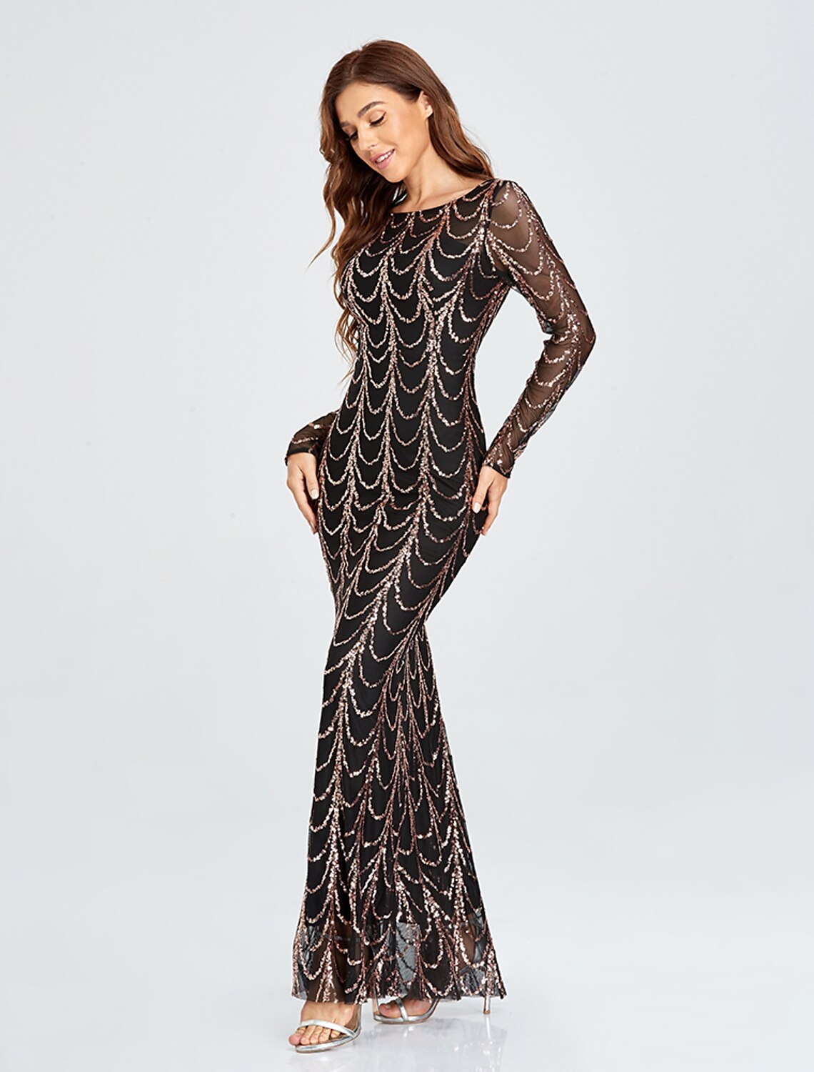 Mermaid Black Dress Evening Gown Black Dress Vintage Party Wear Formal Evening Floor Length Long Sleeve Jewel Neck Sequined with Sequin