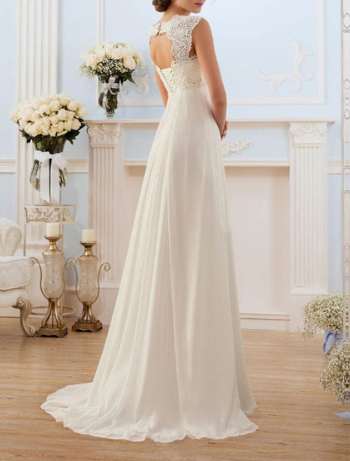 Beach Open Back Wedding Dresses A-Line Sweetheart Cap Sleeve Sweep / Brush Train Chiffon Bridal Gowns With Lace Insert