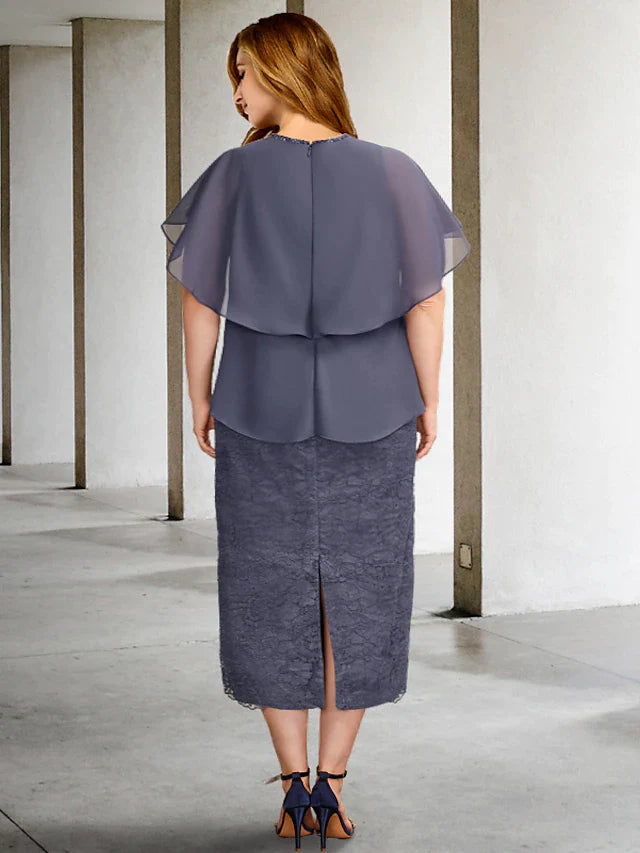 A-Line Plus Size Curve Mother of the Bride Dresses Elegant Dress Formal Tea Length Short Sleeve Jewel Neck Chiffon with Beading Ruffles Slit