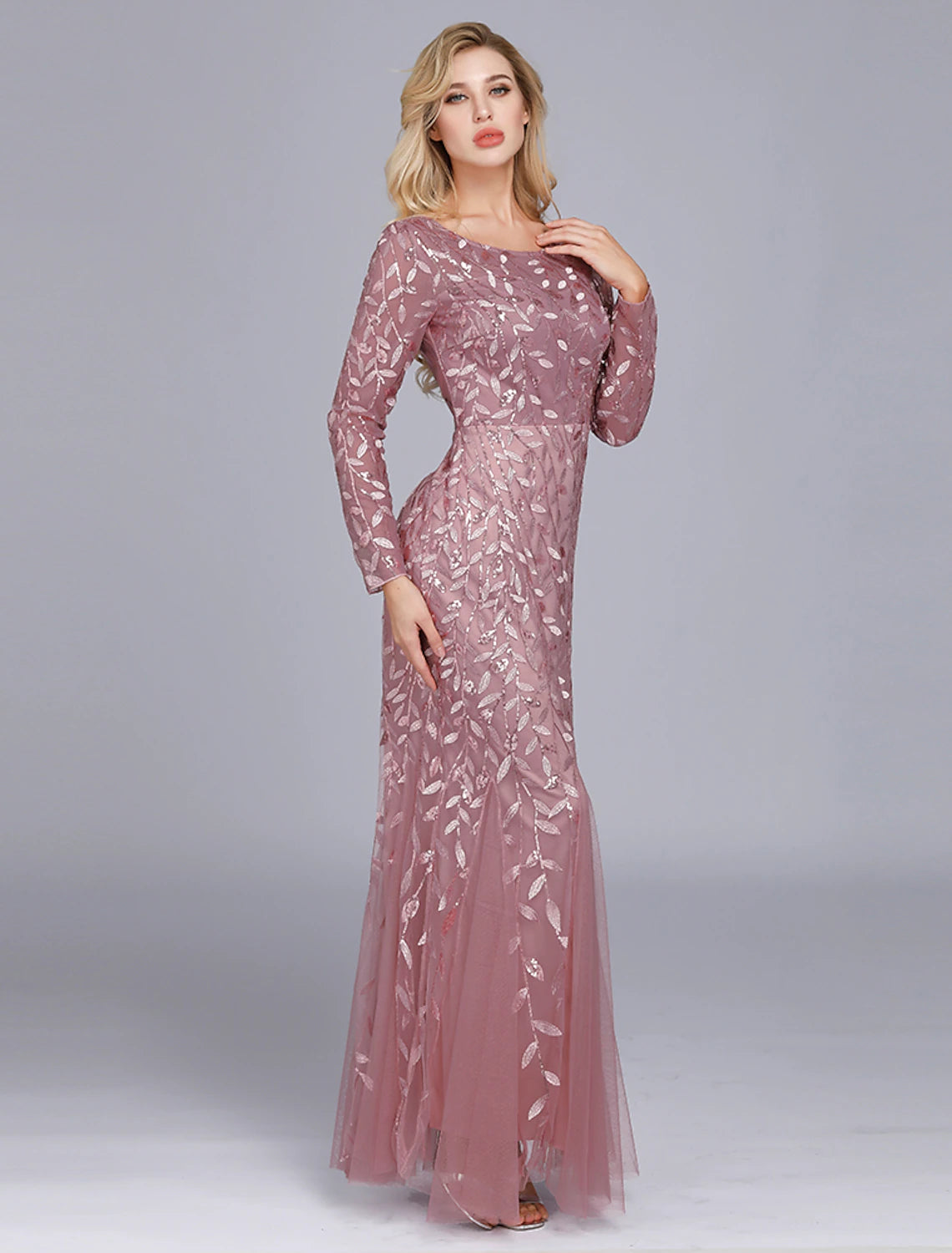 Mermaid / Trumpet Empire Elegant Party Wear Formal Evening Valentine's Day Dress Jewel Neck Long Sleeve Floor Length Tulle with Embroidery/ Illusion Sleeve
