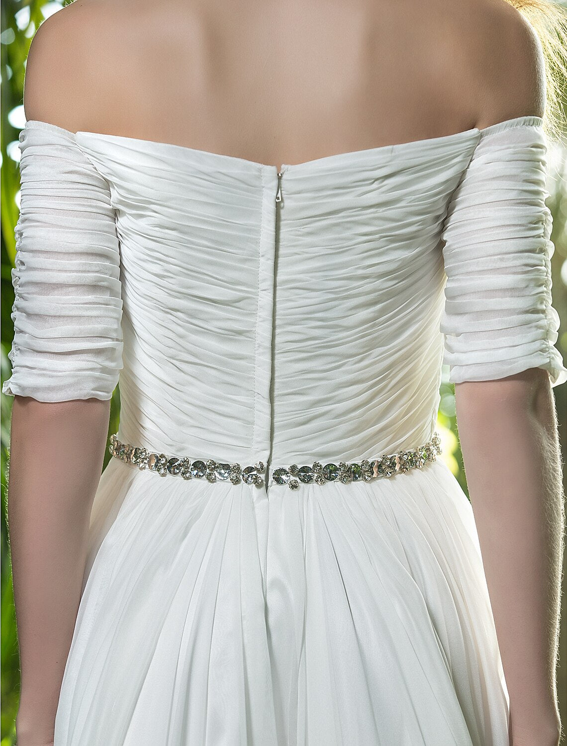 Boho Wedding Dresses A-Line Off Shoulder Half Sleeve Floor Length Chiffon Bridal Gowns With Crystal Ruched