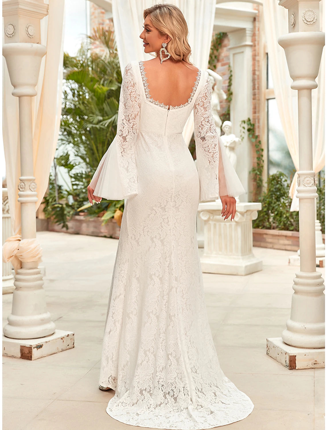 Reception Wedding Dresses Mermaid / Trumpet Square Neck Long Sleeve Sweep / Brush Train Lace Bridal Gowns With Split Front 2023 Summer Wedding Party