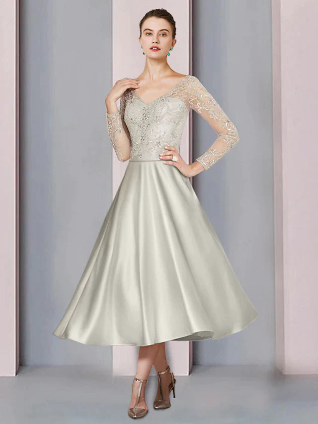 DingjiA-Line Mother of the Bride Dress Formal Church Party Elegant V Neck Tea Length Satin Lace Long Sleeve with Beading Appliques
