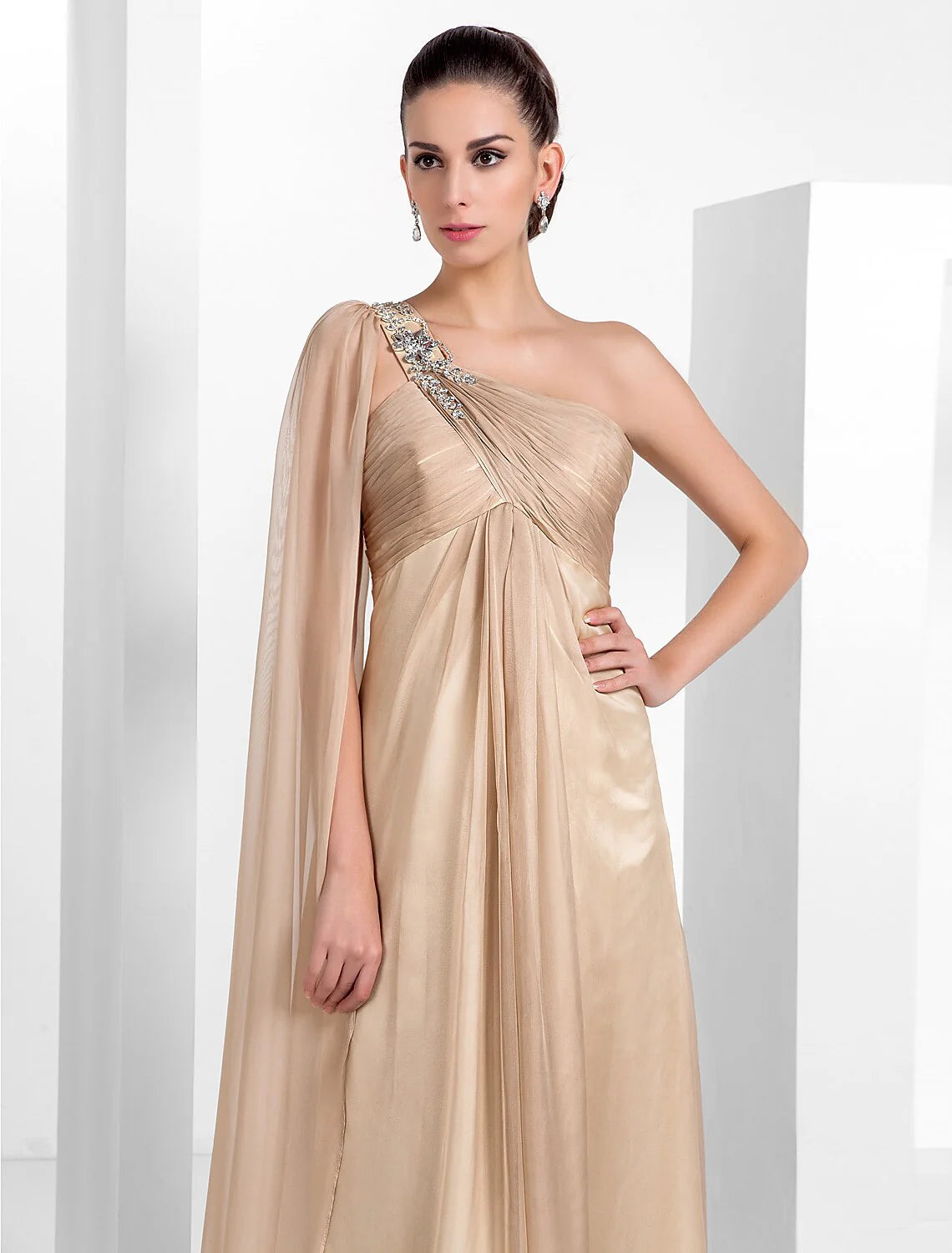 DingjiSheath / Column Elegant Formal Evening Black Tie Gala Dress One Shoulder Sleeveless Floor Length Chiffon with Criss Cross Crystals