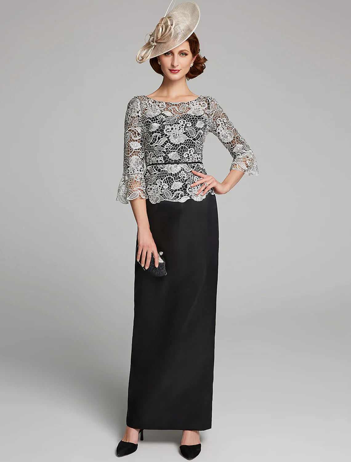 DingjiSheath / Column Mother of the Bride Dress Jewel Neck Floor Length Satin Lace 3/4 Length Sleeve with Lace