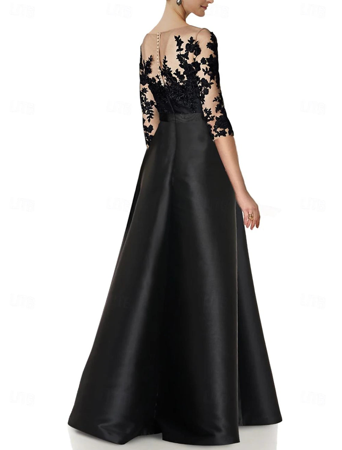 Jumpsuits Mother of the Bride Dress Wedding Guest Elegant Party Jewel Neck Floor Length Satin 3/4 Length Sleeve with Appliques Solid Color