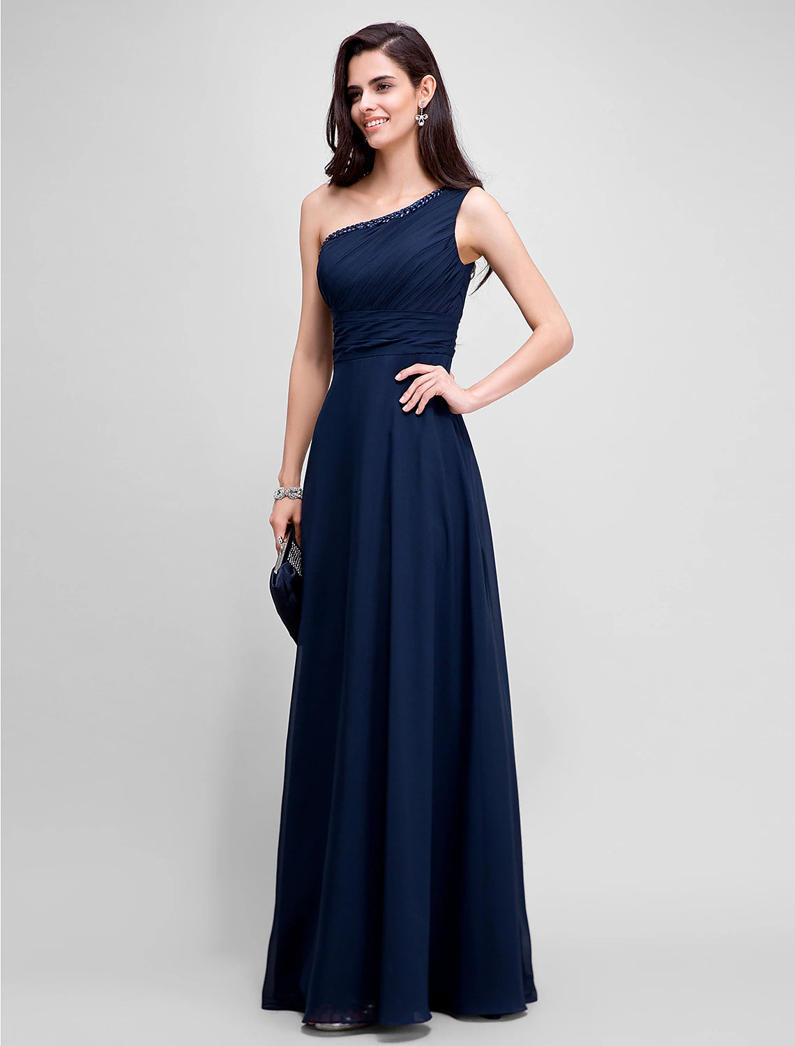 Sheath / Column Empire Dress Wedding Guest Formal Evening Floor Length Sleeveless One Shoulder Bridesmaid Dress Chiffon with Ruched Beading