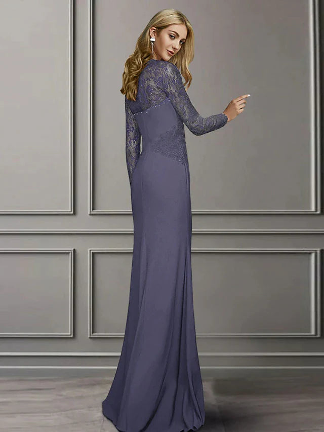 Sheath / Column Mother of the Bride Dress Elegant Square Neck Sweep / Brush Train Chiffon Lace Long Sleeve with Appliques