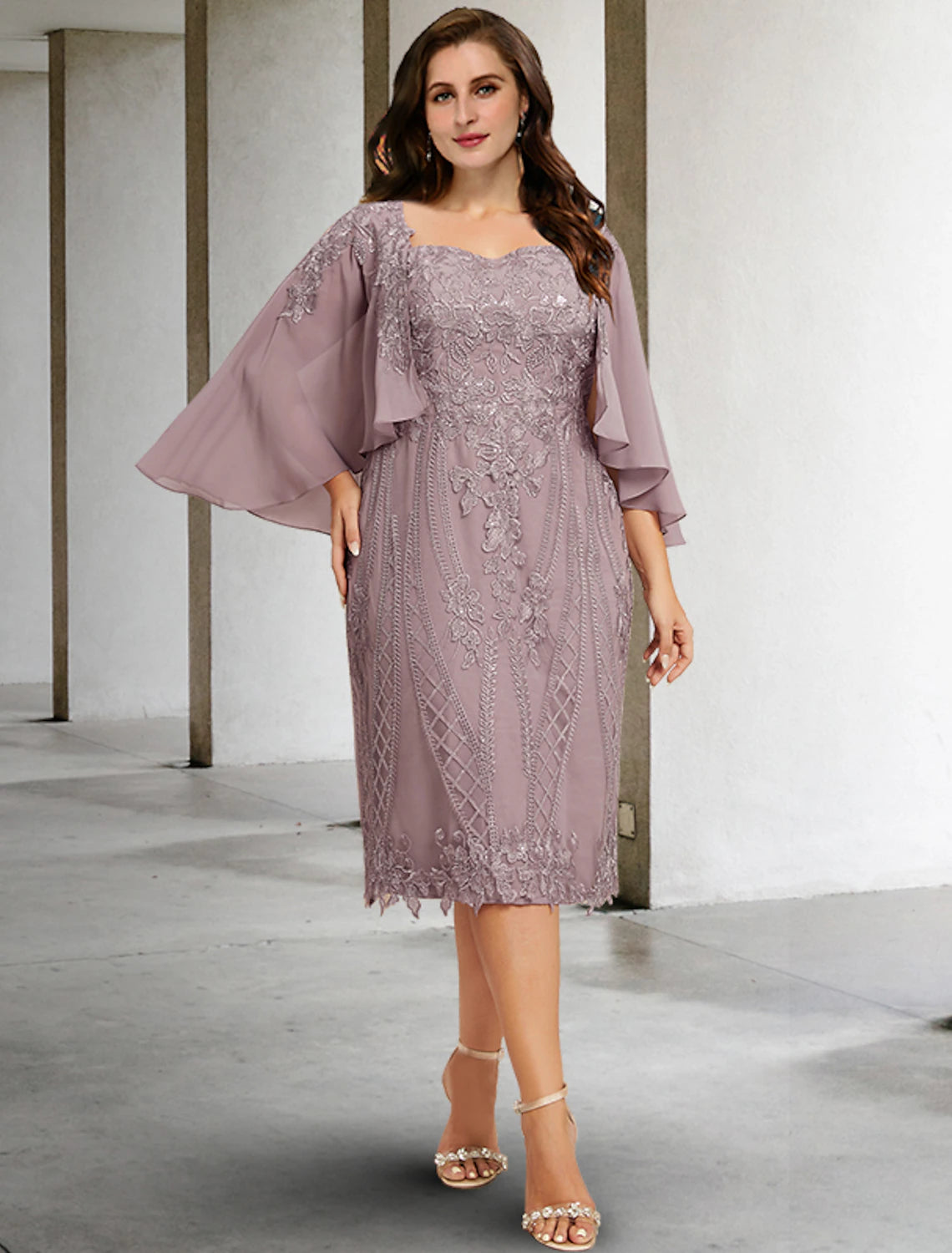 Sheath / Column Plus Size Curve Mother of the Bride Dresses Elegant Dress Formal Tea Length Sleeveless Square Neck Chiffon with Beading Appliques