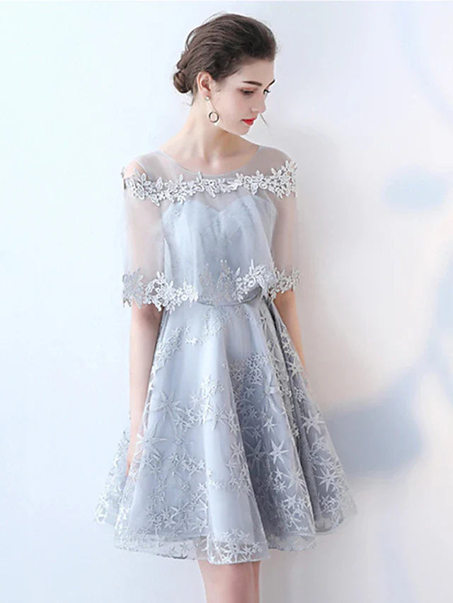 DingjiA-Line Minimalist Elegant Party Wear Cocktail Party Dress Jewel Neck Half Sleeve Short / Mini Tulle with Lace Insert Pattern / Print