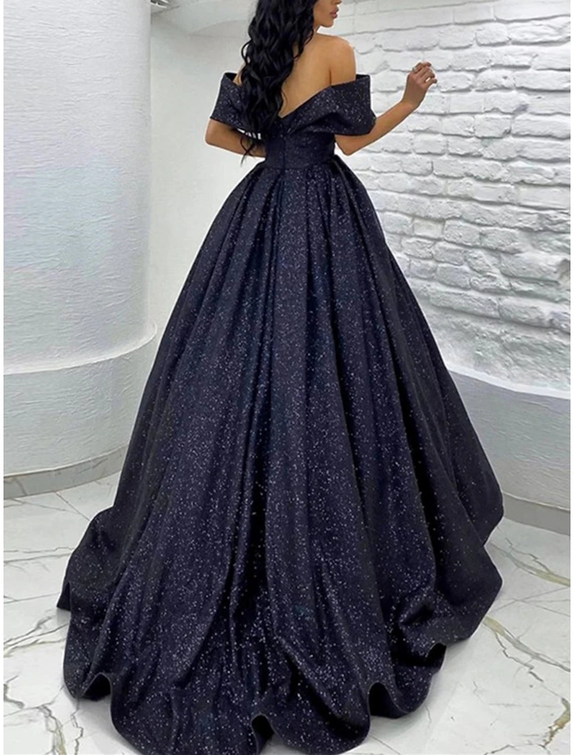 A-Line Prom Dresses Sparkle Black Champagne Gold Dress Tie Gala Sweep / Brush Train Short Sleeve Off Shoulder Sequined with Glitter Pleats