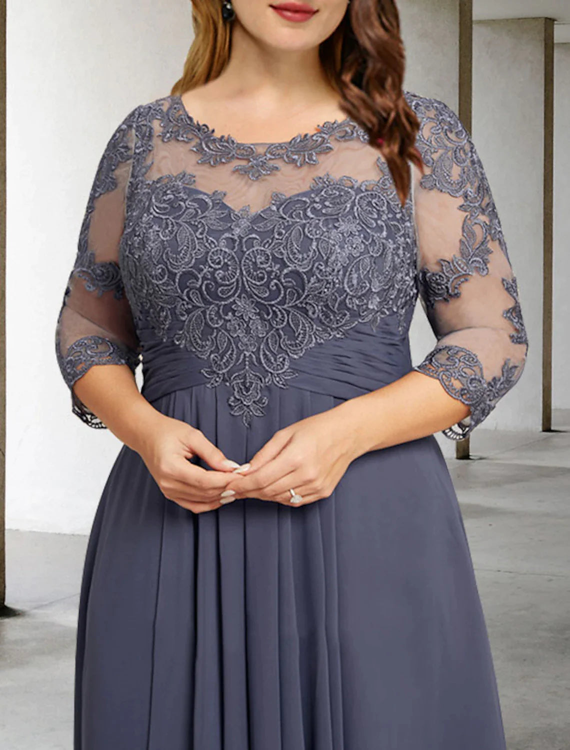 A-Line Mother of the Bride Dresses Plus Size Hide Belly Curve Elegant Fall Wedding Guest Dress Formal Asymmetrical 3/4 Length Sleeve Jewel Neck Chiffon with Pleats Ruched Appliques