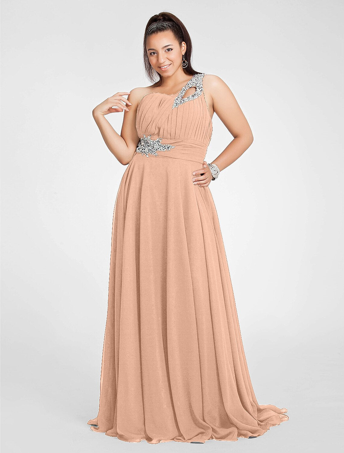 A-Line Cut Out Dress Wedding Guest Prom Sweep / Brush Train Sleeveless One Shoulder Chiffon with Ruched Beading