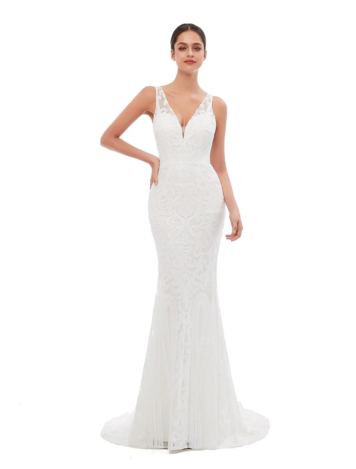 DingjiMermaid / Trumpet Evening Gown Celebrity Style Dress Engagement Court Train Sleeveless V Neck Sequined with Sequin Embroidery