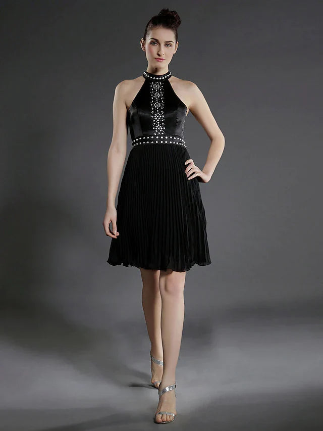 DingjiBall Gown Little Black Dress Dress Holiday Knee Length Sleeveless High Neck Chiffon with Pleats Beading