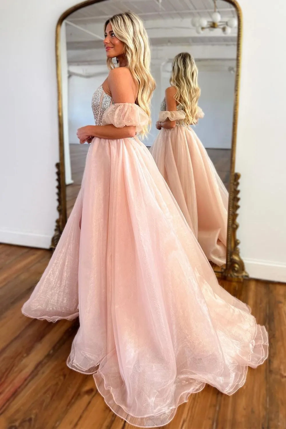 A-Line Strapless Long Tulle Prom Dress With Split And Beading