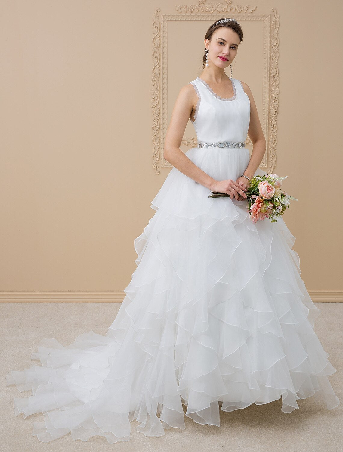 A-Line Scoop Neck Sweep / Brush Train Chiffon / Tulle Made-To-Measure Wedding Dresses with Appliques by