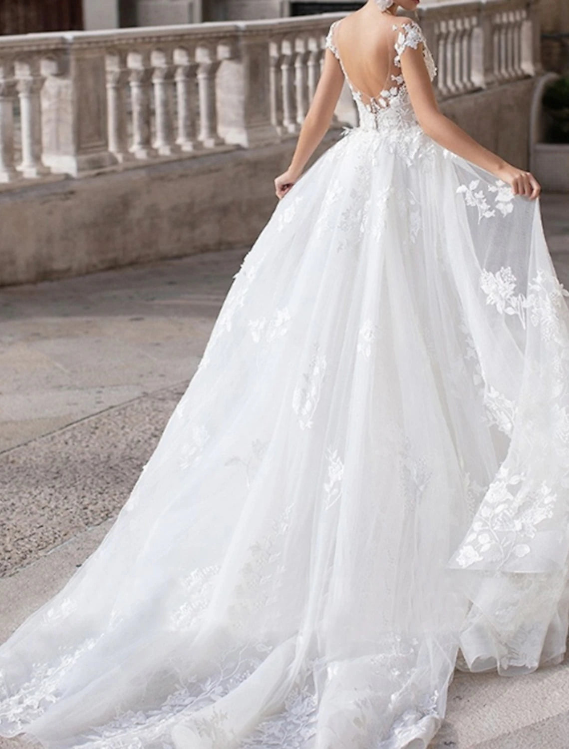 Engagement Formal Fall Wedding Dresses A-Line Off Shoulder Cap Sleeve Court Train Lace Bridal Gowns With Appliques Summer Wedding Party, Women‘s Clothing