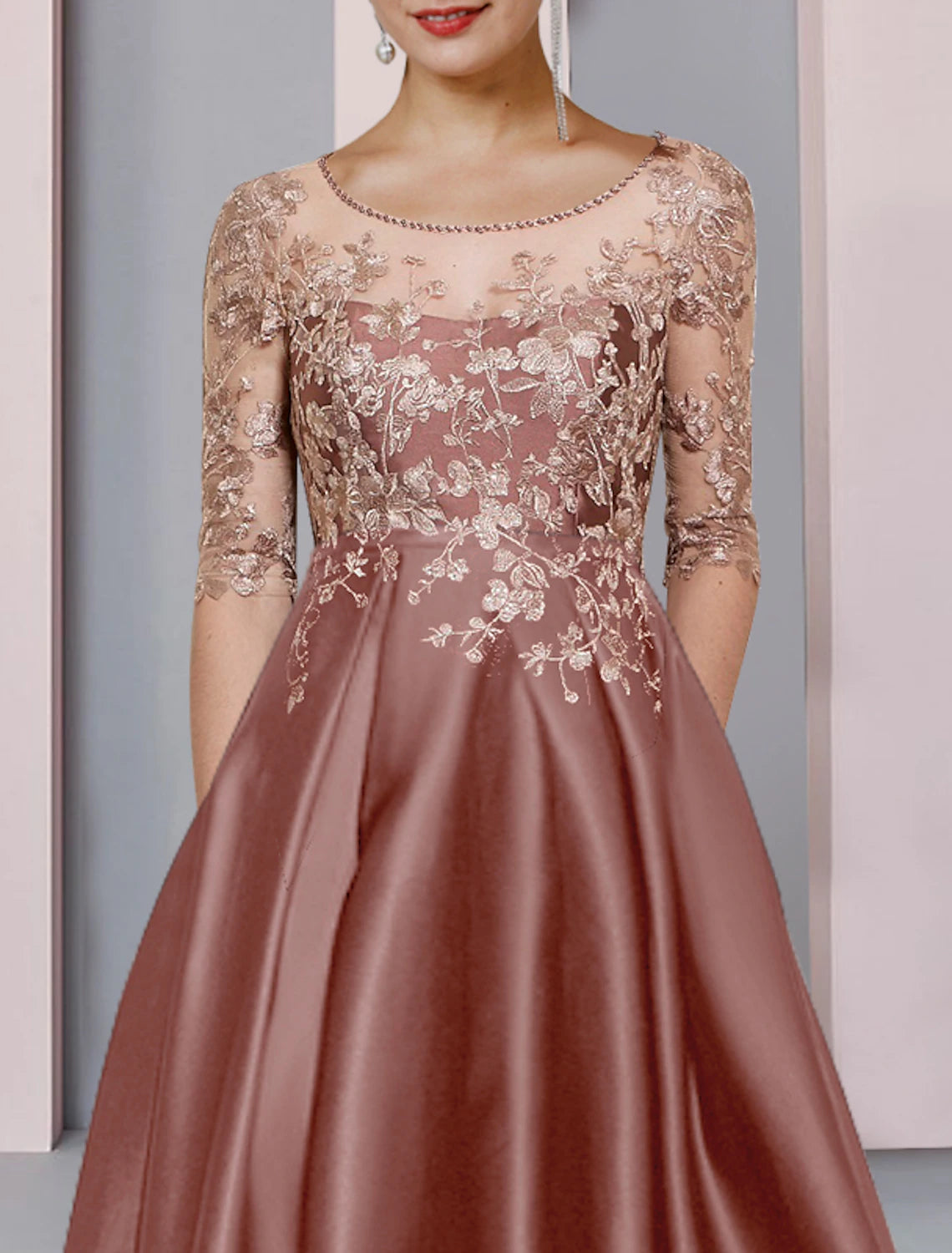 A-Line Mother of the Bride Dress Formal Wedding Guest Party Elegant High Low Scoop Neck Asymmetrical Tea Length Satin Lace Half Sleeve with Pleats Beading Appliques 2023