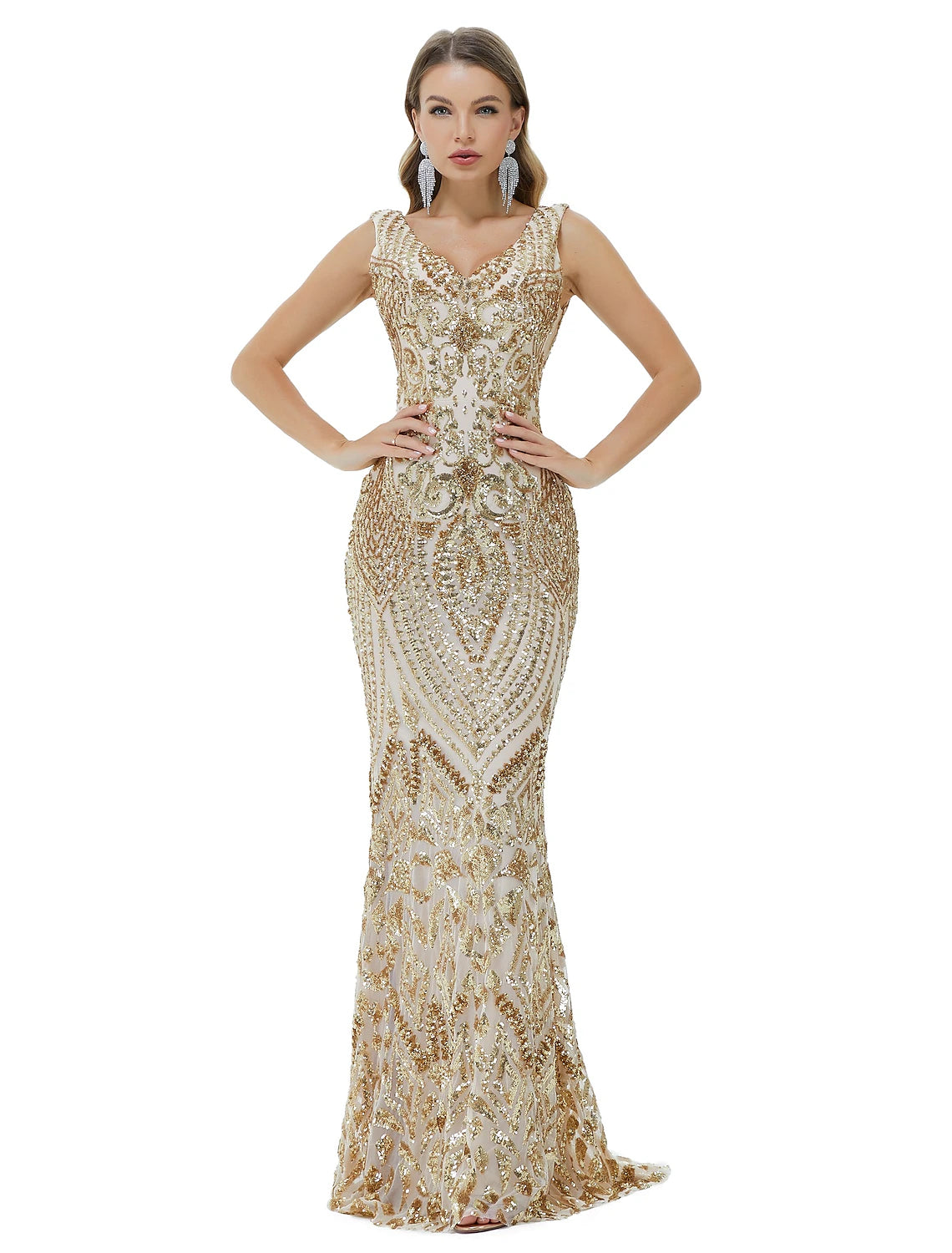 Mermaid / Trumpet Sparkle Elegant Sparkle & Shine Engagement Formal Evening Dress V Neck Sleeveless Floor Length Sequined with Sequin