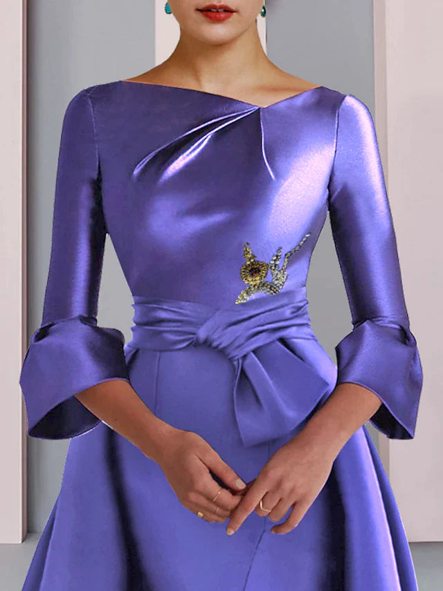 A-Line Mother of the Bride Dress Formal Party Elegant Scoop Neck Floor Length Satin 3/4 Length Sleeve with Bow(s) Pleats Embroidery