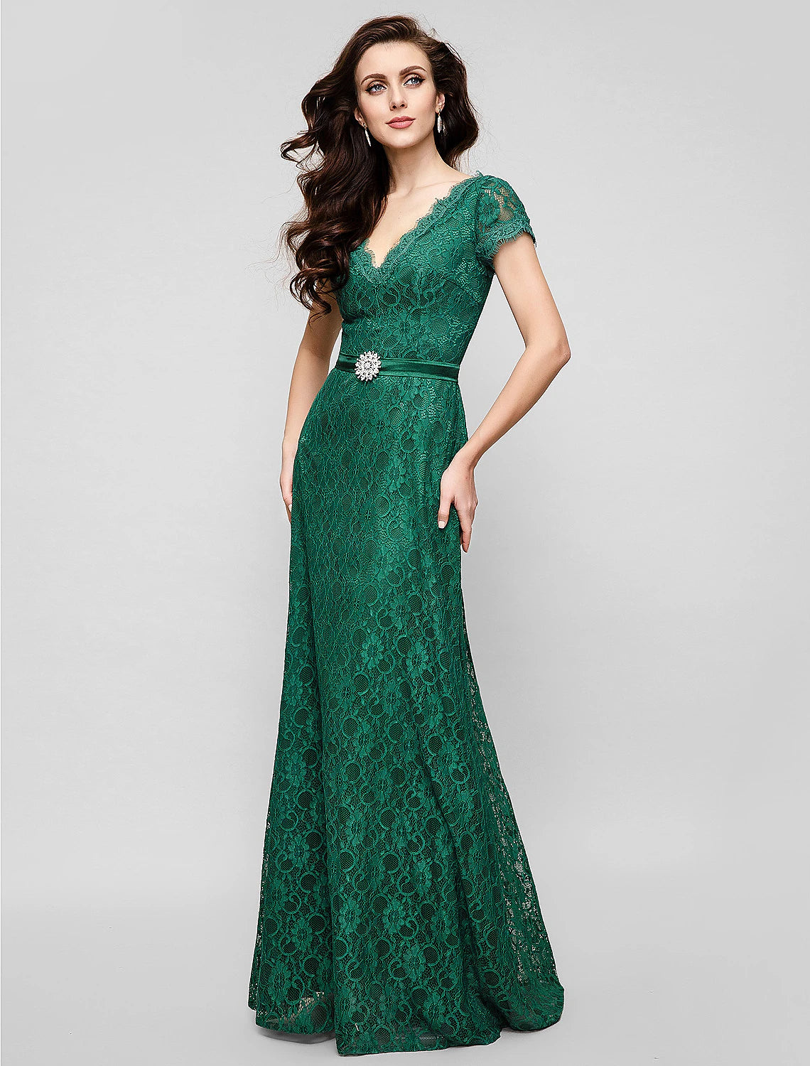 A-Line Elegant Dress Holiday Cocktail Party Floor Length Short Sleeve V Neck All Over Lace with Crystal Brooch