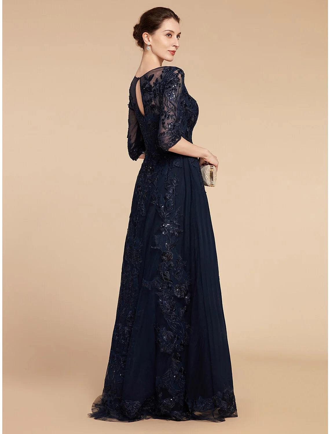 DingjiA-Line Mother of the Bride Dress Formal Wedding Guest Elegant Party Scoop Neck Floor Length Chiffon Lace 3/4 Length Sleeve with Sequin Appliques