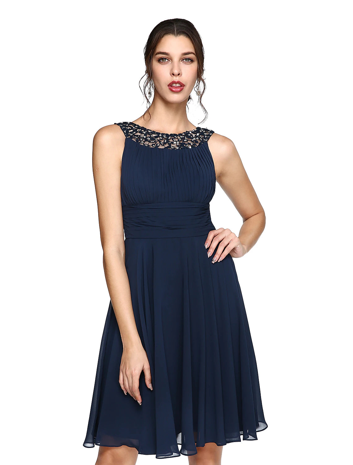 A-Line Cocktail Dresses Party Dress Wedding Guest Knee Length Sleeveless Illusion Neck Chiffon with Ruched Sequin Lace Insert