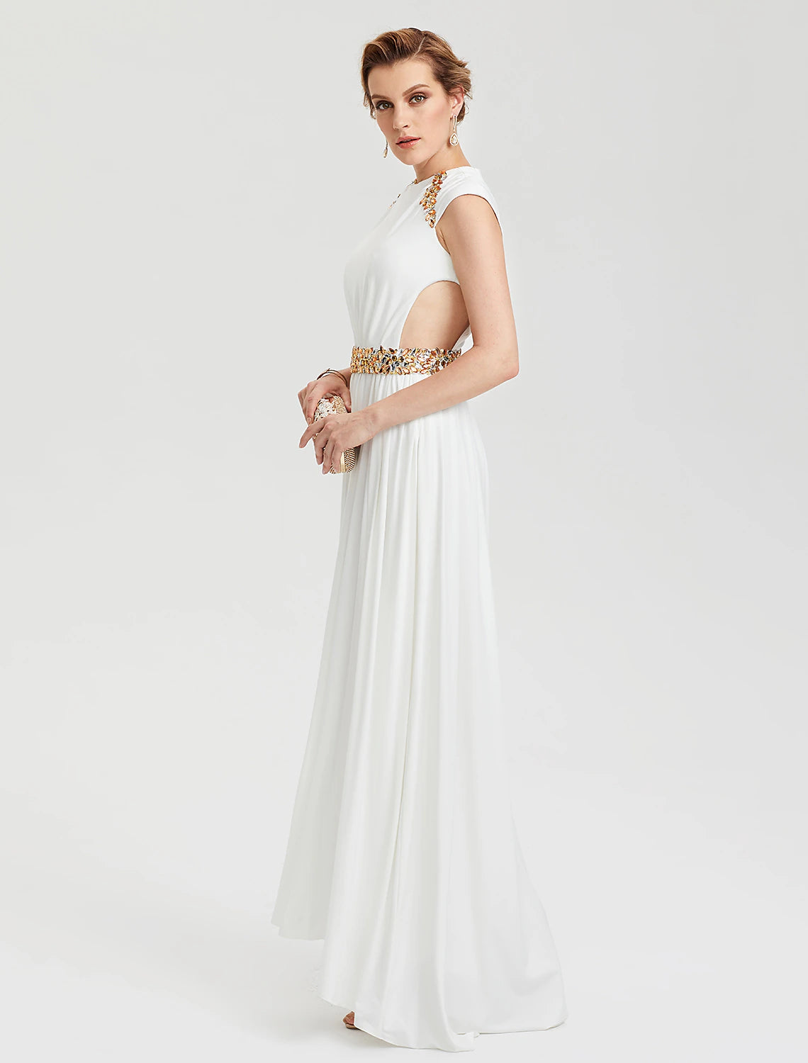 Sheath / Column Celebrity Style Cut Out Formal Evening Dress Crew Neck Short Sleeve Asymmetrical Jersey with Beading