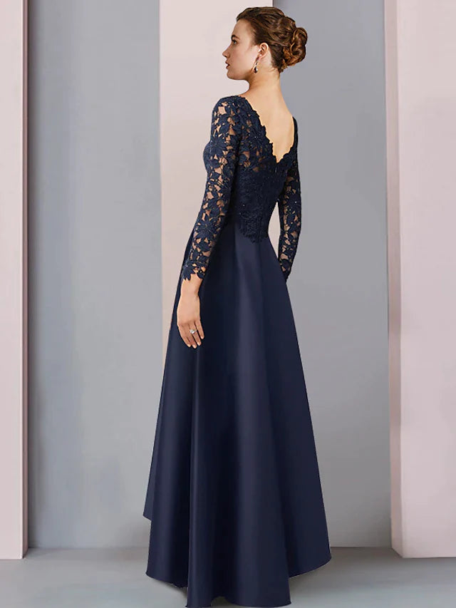 DingjiA-Line Mother of the Bride Dress Formal Wedding Guest Elegant High Low V Neck Asymmetrical Tea Length Satin Lace Long Sleeve with Pleats Appliques