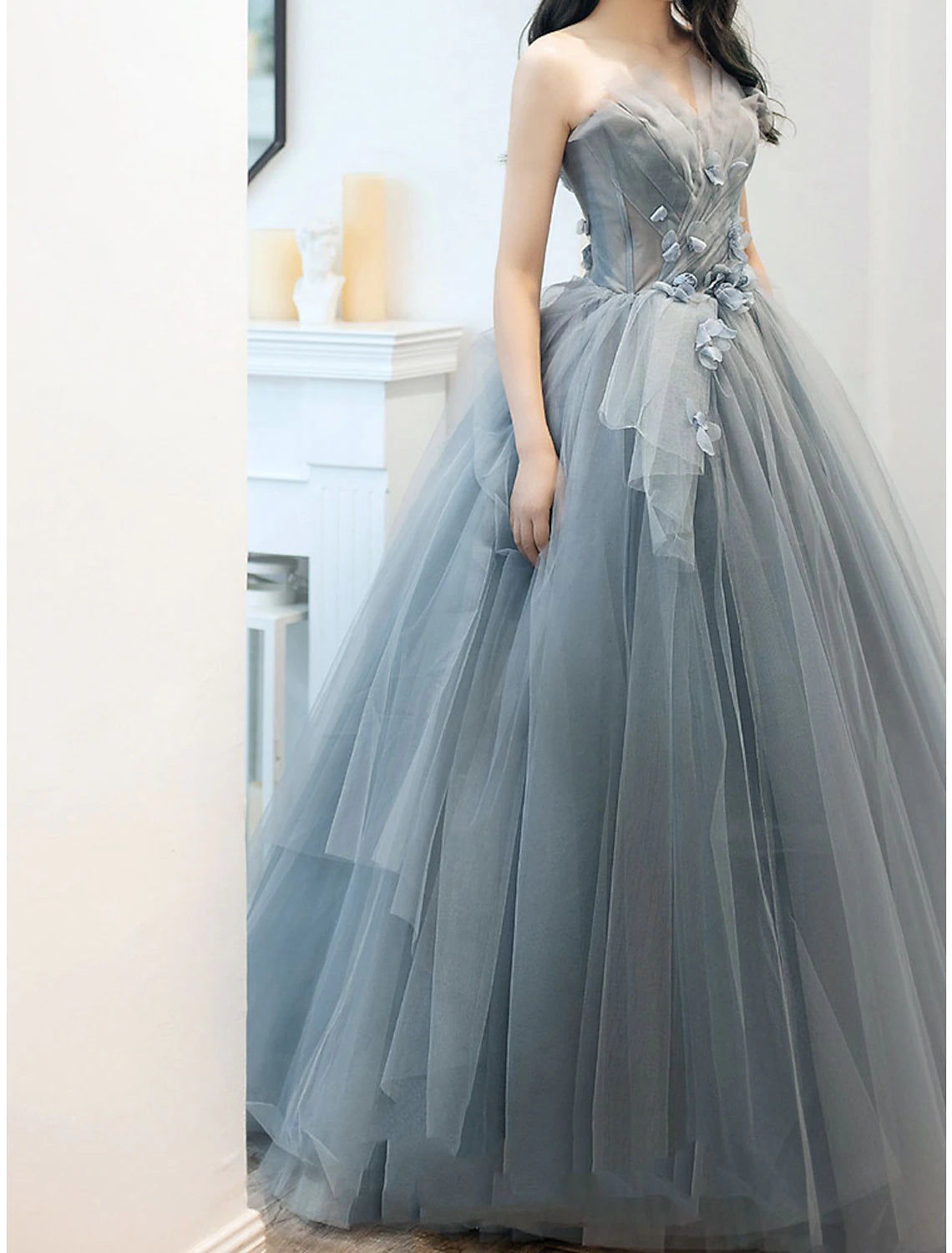A-Line Prom Dresses Cute Dress Engagement Prom Sweep / Brush Train Sleeveless Strapless Tulle with Appliques Pure Color