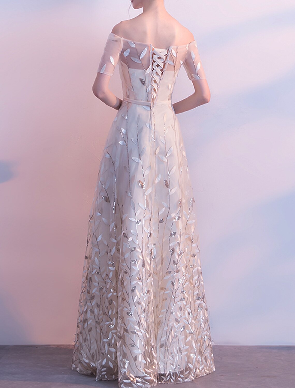 A-Line Prom Dresses Floral Dress Wedding Guest Prom Floor Length Short Sleeve Off Shoulder Tulle with Sash / Ribbon Embroidery