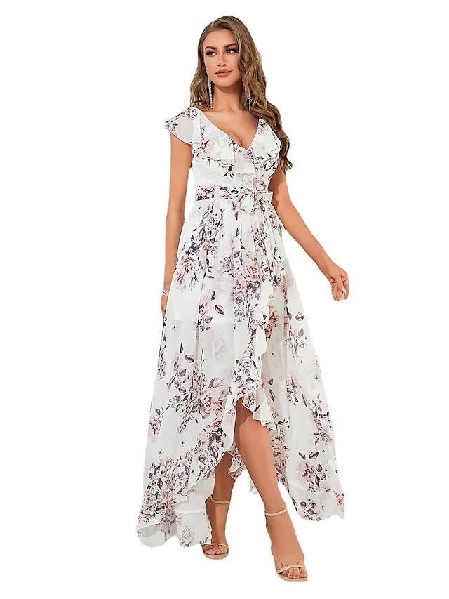 DingjiA-Line Wedding Guest Dresses Floral Dress Party Wear Asymmetrical Sleeveless V Neck Chiffon with Ruffles Strappy