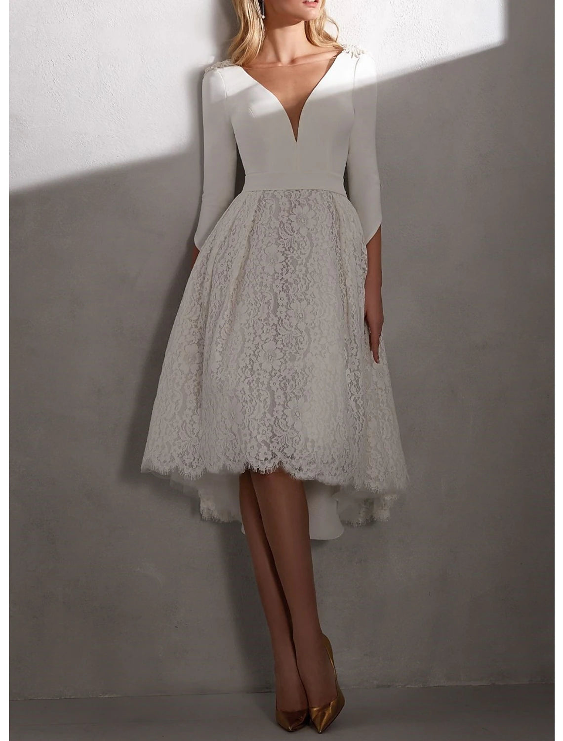Reception Fall Wedding Dresses Little White Dresses A-Line V Neck 3/4 Length Sleeve Asymmetrical Lace Bridal Gowns With Appliques Solid Color Summer Wedding Party , Women's Clothing