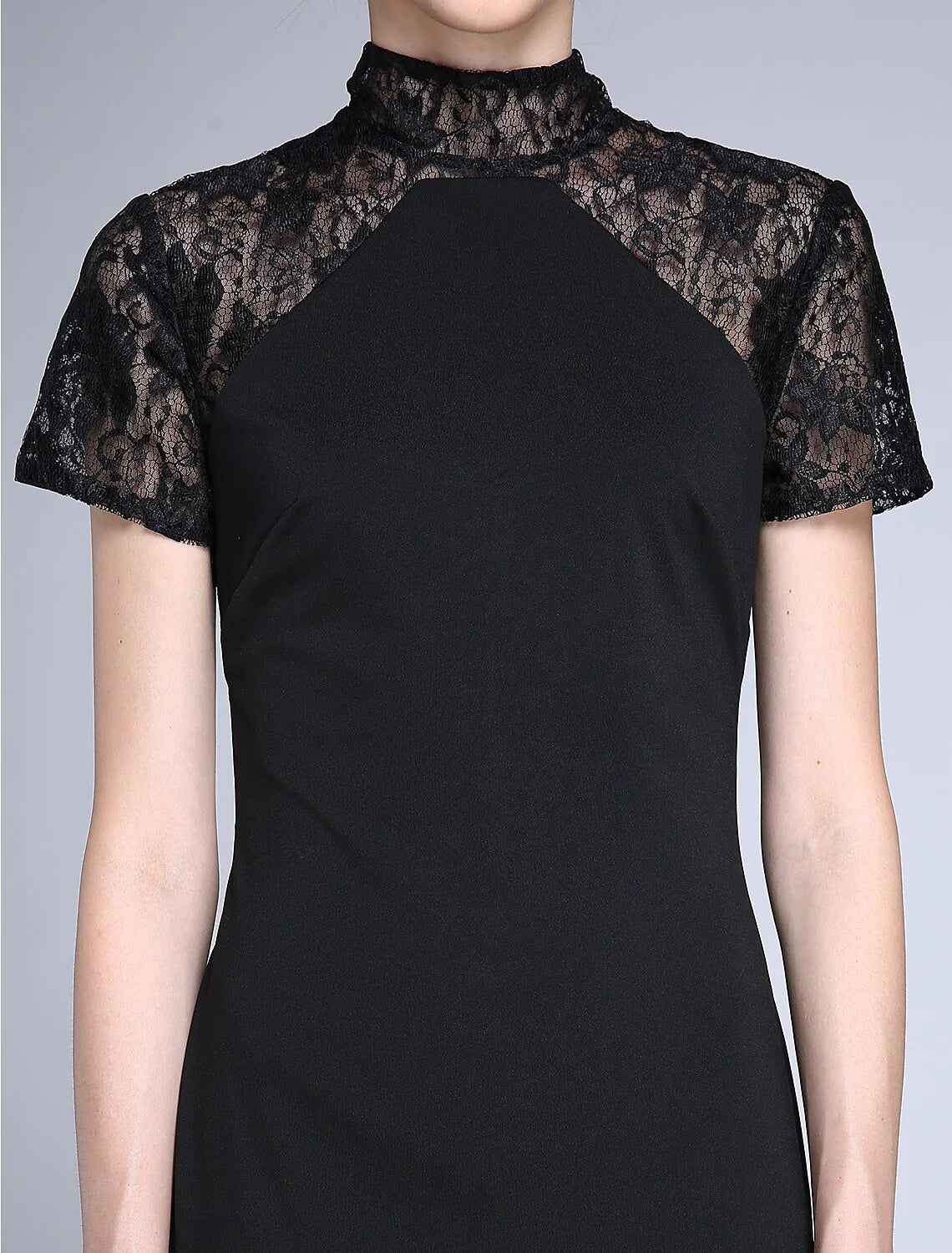 Mermaid / Trumpet Mother of the Bride Dress Vintage Inspired High Neck Sweep / Brush Train Lace Jersey Short Sleeve No with Lace