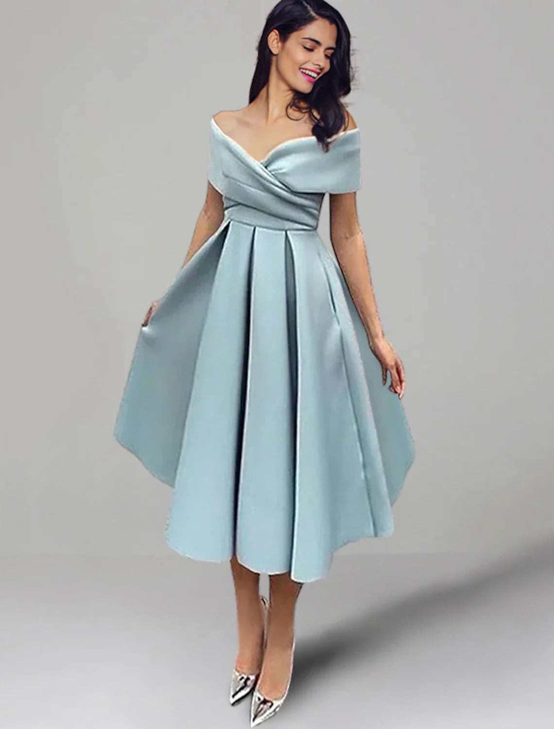 DingjiA-Line Wedding Guest Party Dress Vintage Dress Summer Semi Formal Tea Length Sleeveless Off Shoulder Satin with Ruched