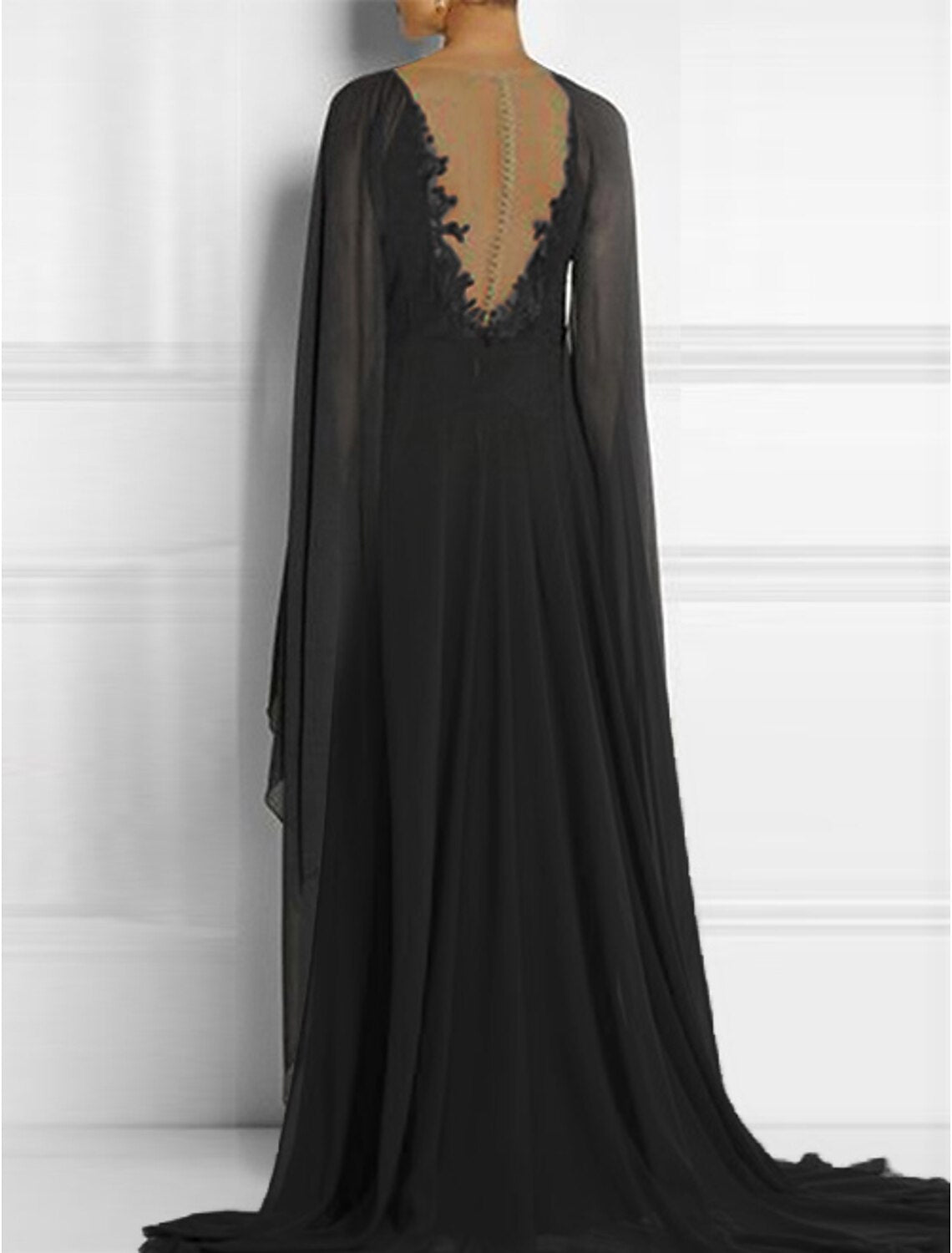 Sheath Black Dress Evening Gown Black Dress Vintage Engagement Formal Evening Court Train Sleeveless V Neck Chiffon with Pleats