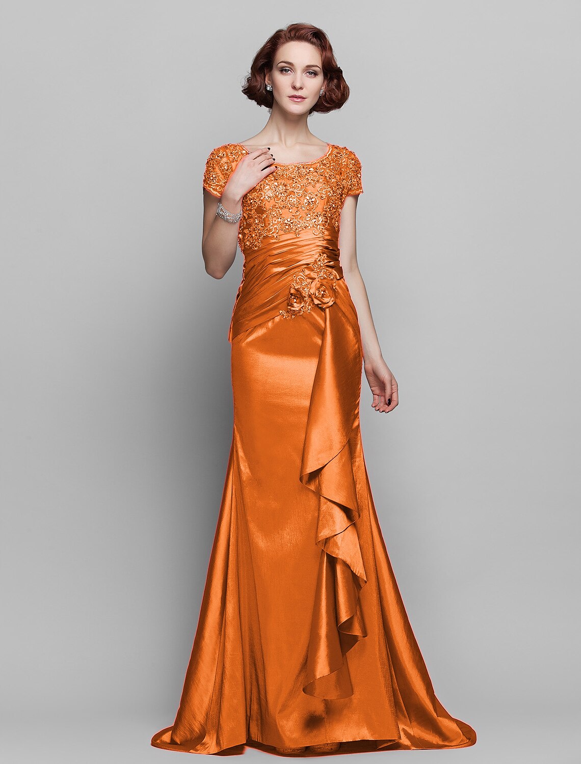 Mermaid / Trumpet Mother of the Bride Dress See Through Scoop Neck Sweep / Brush Train Taffeta Beaded Lace Short Sleeve with Flower