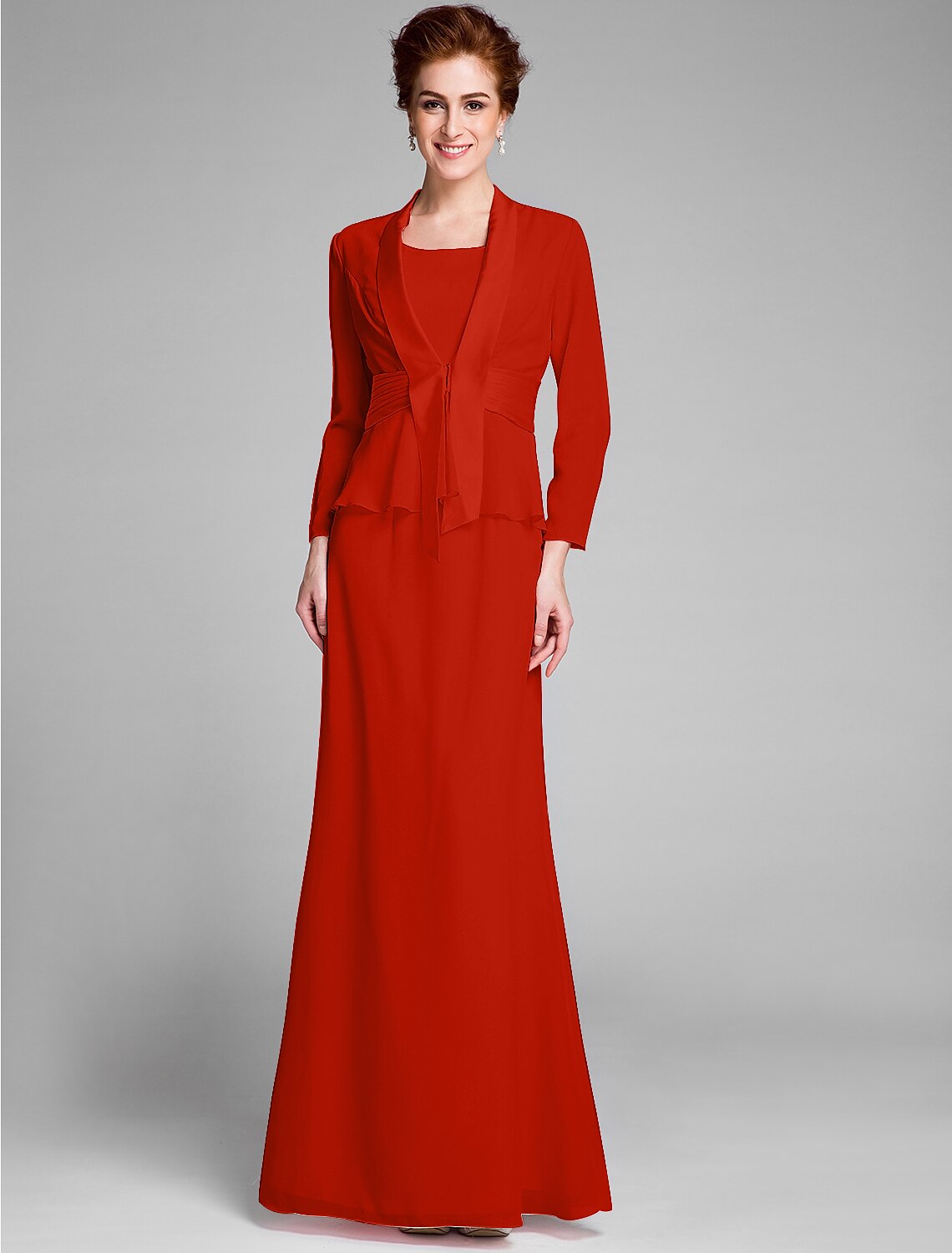 Mermaid / Trumpet Mother of the Bride Dress Convertible Dress Scoop Neck Floor Length Chiffon Long Sleeve Wrap Included with Sash / Ribbon