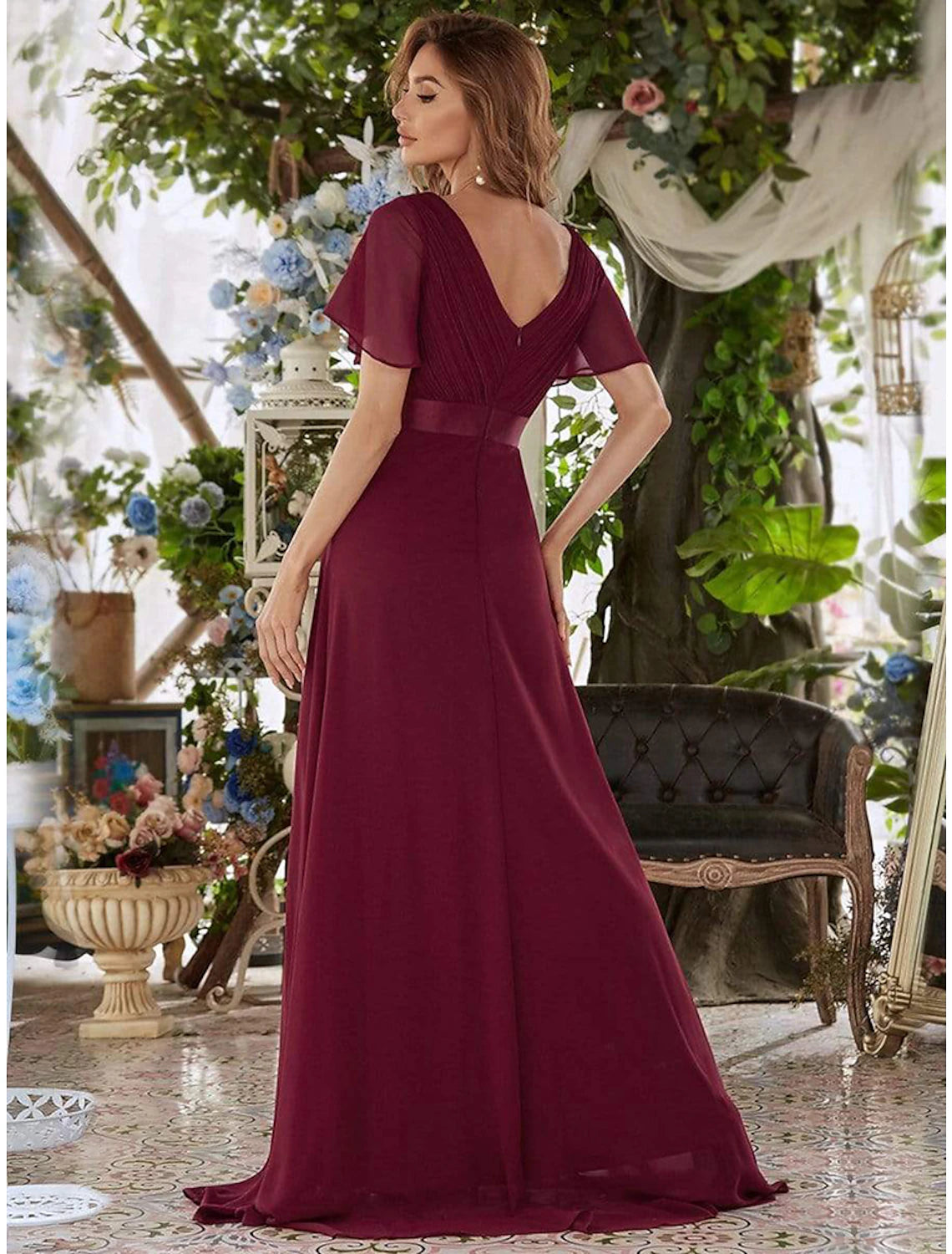 A-Line Evening Gown Empire Dress Wedding Guest Formal Evening Floor Length Short Sleeve V Neck Bridesmaid Dress Chiffon V Back with Ruffles Pure Color