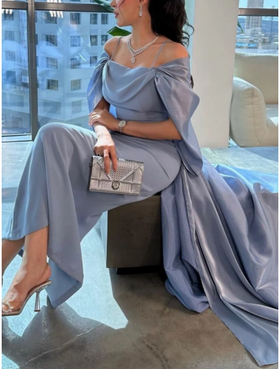 Sheath / Column Evening Gown Elegant Cape Dress Formal Ankle Length Half Sleeve Spaghetti Strap Chiffon with Pleats Ruched