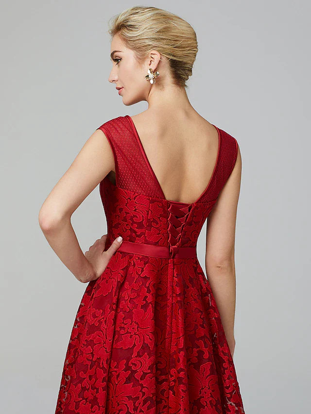 DingjiA-Line Elegant Dress Cocktail Party Tea Length Sleeveless Illusion Neck All Over Floral Lace with Pleats