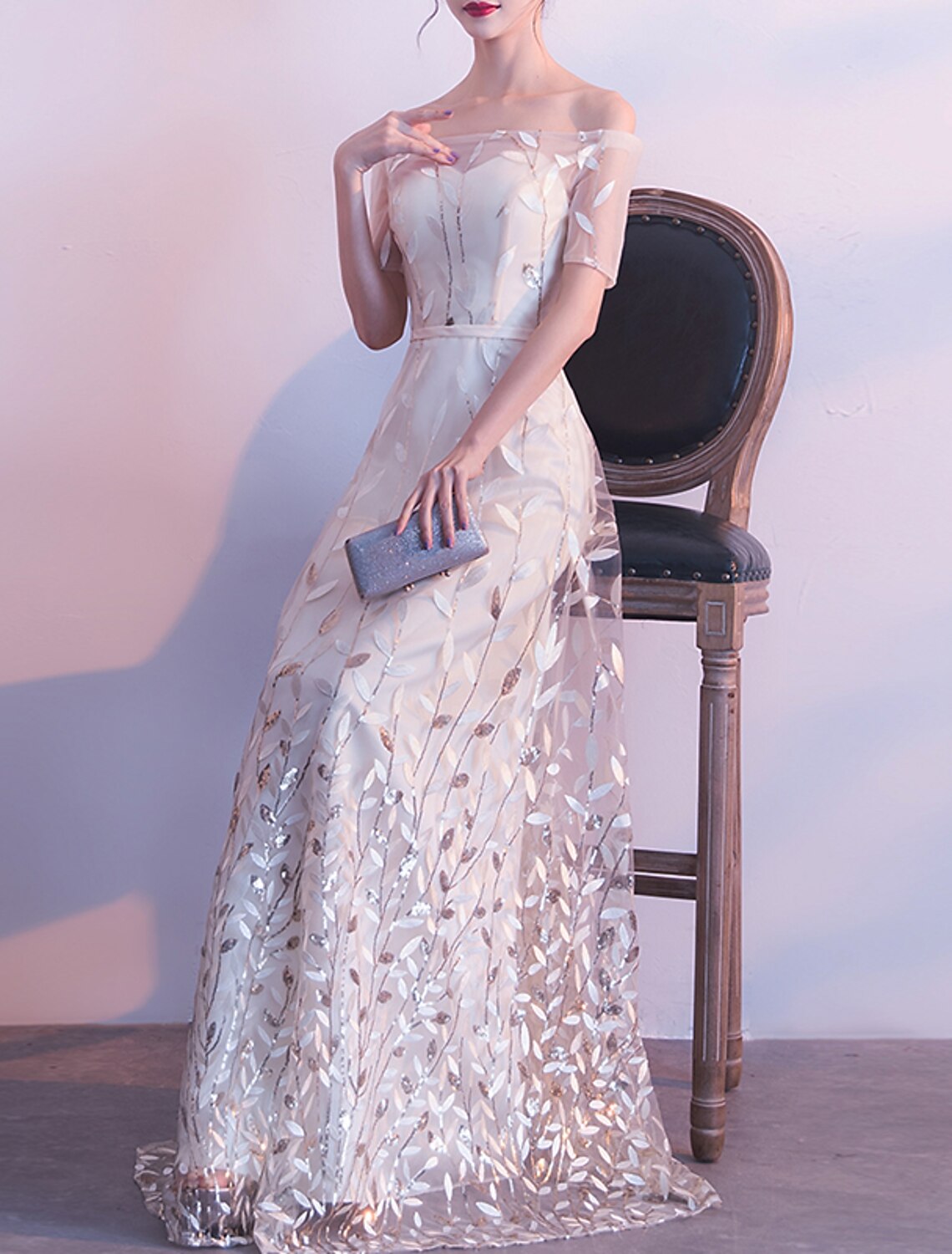 A-Line Prom Dresses Floral Dress Wedding Guest Prom Floor Length Short Sleeve Off Shoulder Tulle with Sash / Ribbon Embroidery