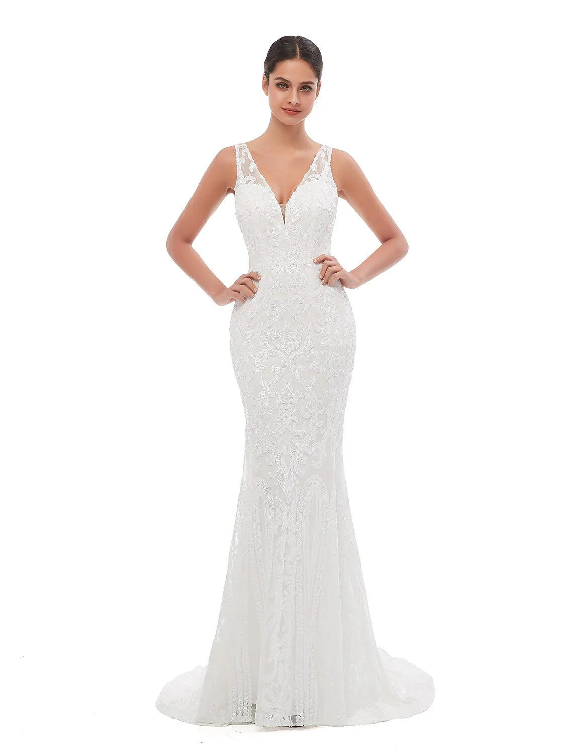 DingjiMermaid / Trumpet Evening Gown Celebrity Style Dress Engagement Court Train Sleeveless V Neck Sequined with Sequin Embroidery